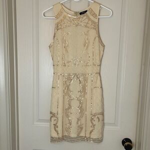 Verty Embellished Sequin Flapper Style Mini Dress Cream Beige Size S